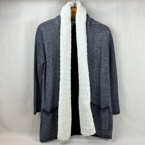 Style & Co Open Front Long Cardigan Faux Sherpa Collar Cozy Knit Black White PM